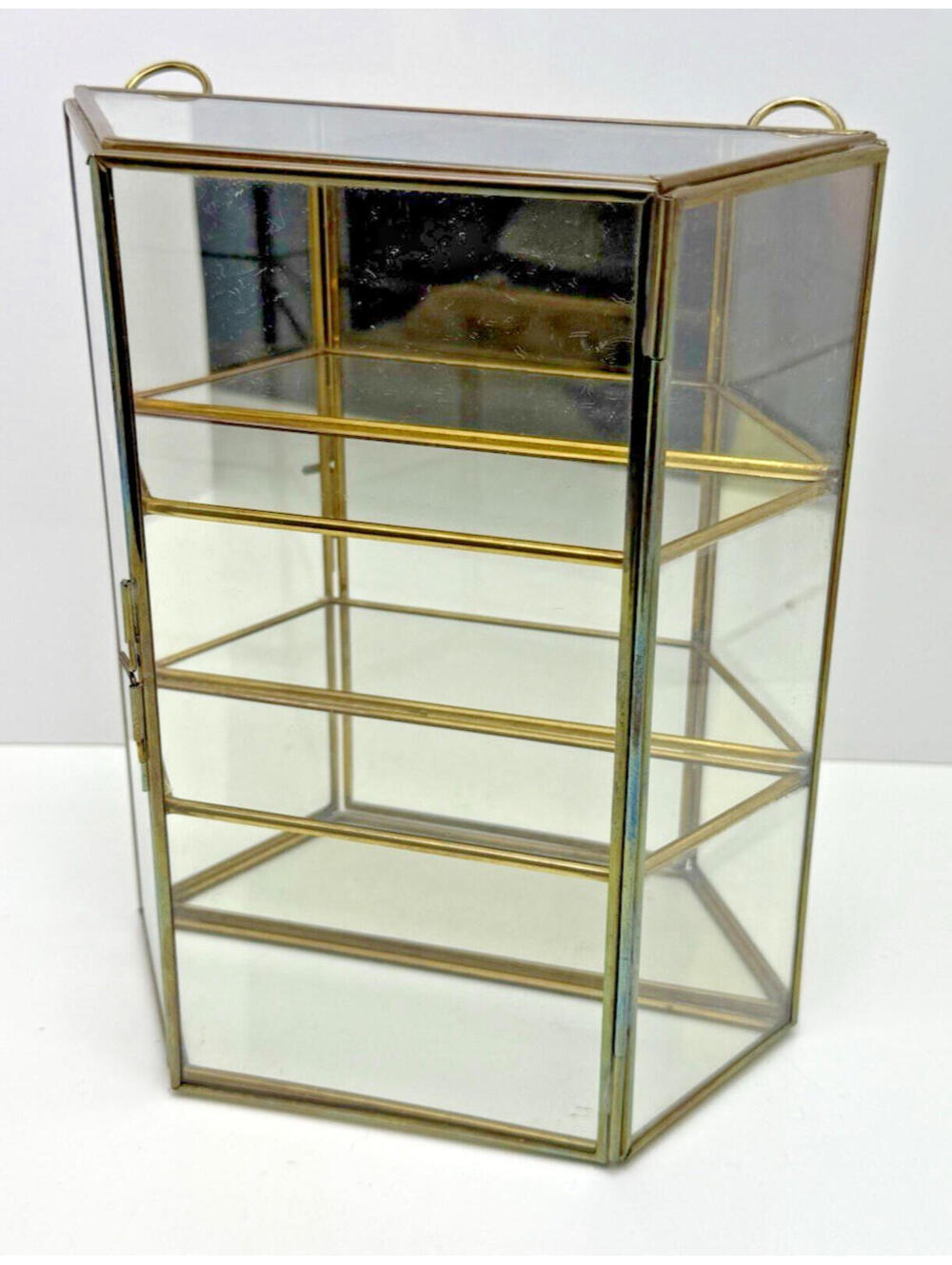 Vtg Brass Glass Mirror Curio Display Case Small w/door Mexico 8.25"H Wall Mount